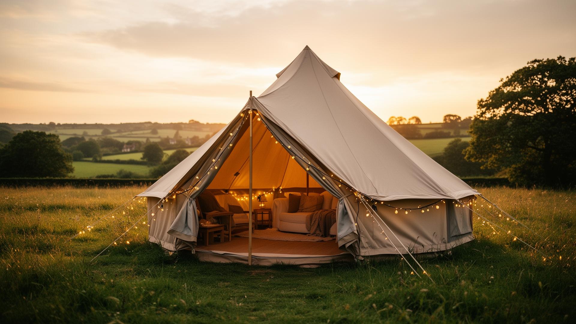 Luxury bell tent glamping accommodation at golden hour